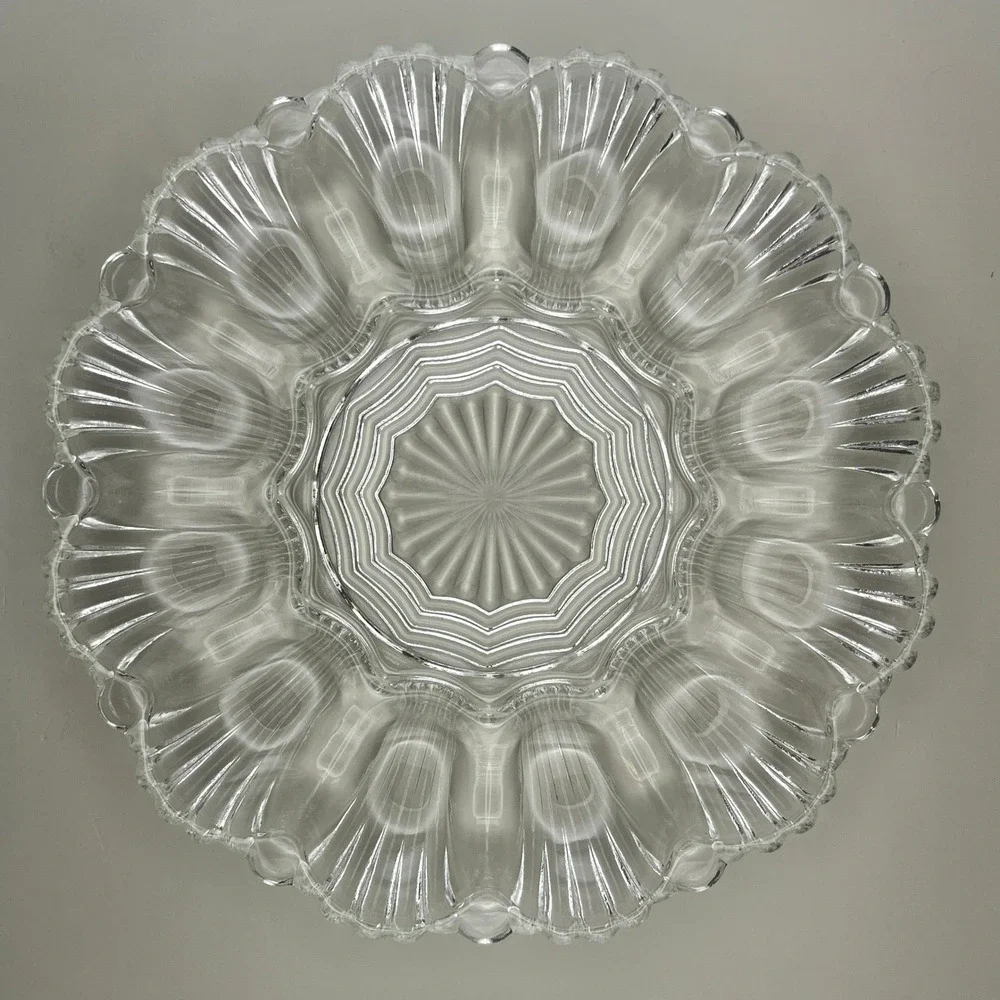 Vtg Anchor Hocking Clear Glass Deviled Egg Platter 12 Slot Scalloped Serving 10